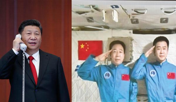 2016年11月9日,习近平来到中国载人航天工程指挥中心,同正在天宫二号执行任务的神舟十一号航天员景海鹏、陈冬亲切通话。来源:新华社